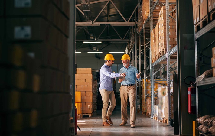 two men wearing hardhats in warehouse talking